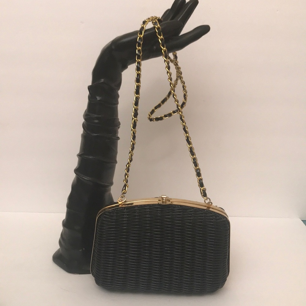 Black Woven Shoulder Bag with Gold Chain